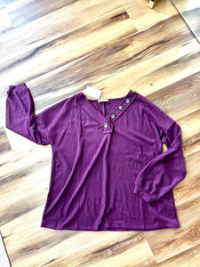 Button V-neck Waffle Top